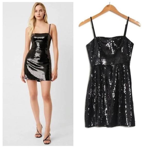 French Connection Sequin Sweetheart Strappy Bodycon Dress Black Size 10 - Picture 1 of 7